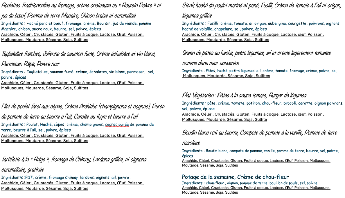 Information relative aux plats de la semaine